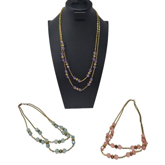 Necklace Opera 28" Gold Tone Chain Pastel Beaded Pink Blue Purple 3pc Set - Picture 13 of 13